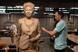 Benjamin Victor works on his sculpture of Daisy Gatson Bates at the Windgate Center of Art and Design at the UALR campus April 25, 2022. The completed statue will be placed in the Statuary Hall in the United States Capitol on May 8. (Arkansas Democrat-Gazette/Stephen Swofford)